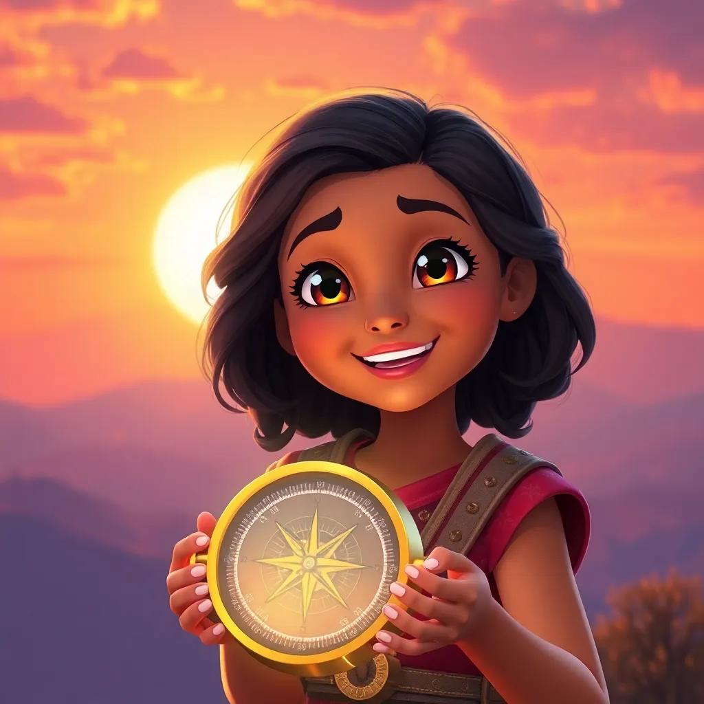 Zara holding her golden compass amidst a backdrop of a beautiful sunset, her face glowing with excitement and anticipation for future adventures, digital art, inspiring and colorful, high quality