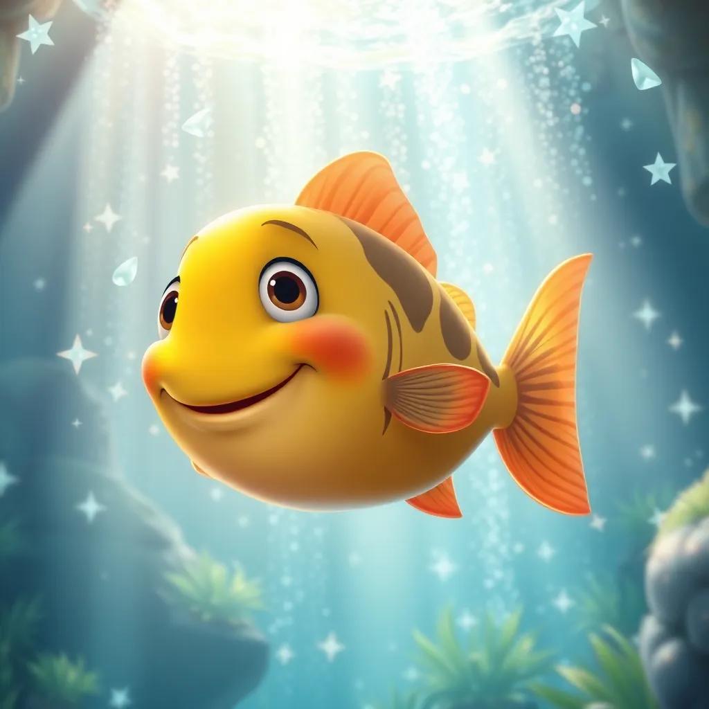Zippy the fish with a joyful expression, swimming in the enchanted waterfall, with sparkles of water surrounding it and sunlight shining down, illustration, magical and uplifting, high quality