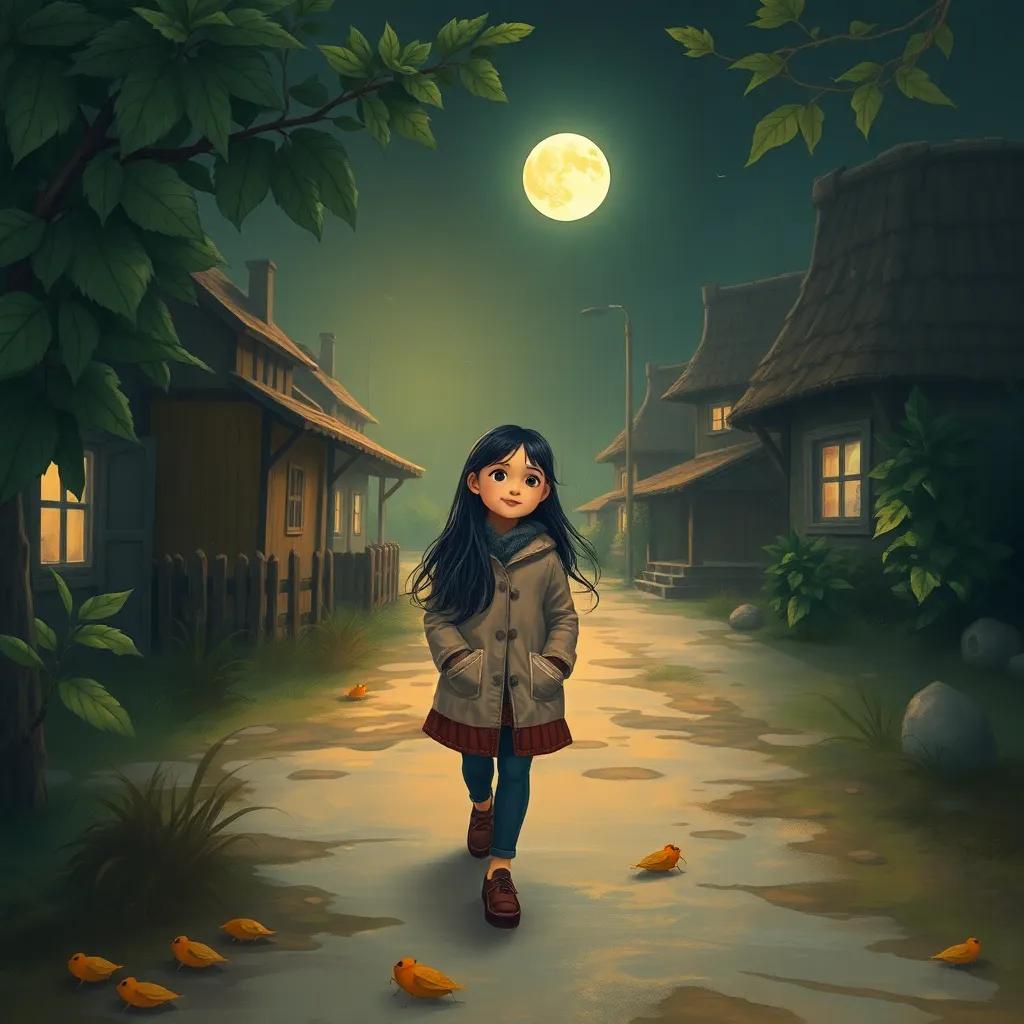 Zara, a young South Asian girl with long black hair in a warm jacket, walking through a peaceful village at night with soft leaves rustling, crickets chirping, gentle moonlight illuminating the path, illustration, serene, inviting, child-friendly, warm colors