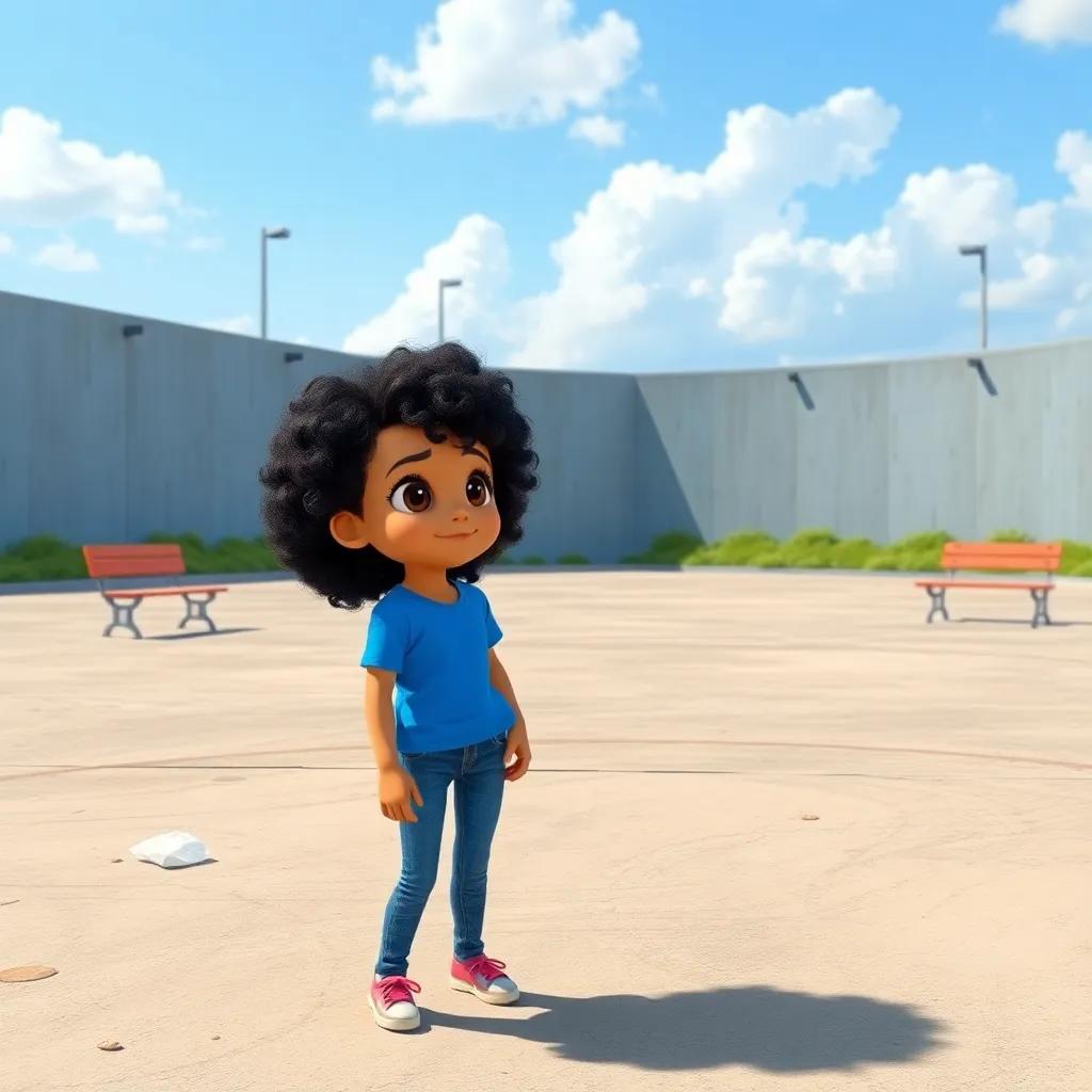 A young girl, Zeina, with curly black hair wearing a bright blue shirt and jeans, looking around a large empty playground with gray concrete, a few benches, and scattered trash, feeling curious and determined, cheerful style, digital art, warm colors, vibrant atmosphere, high quality