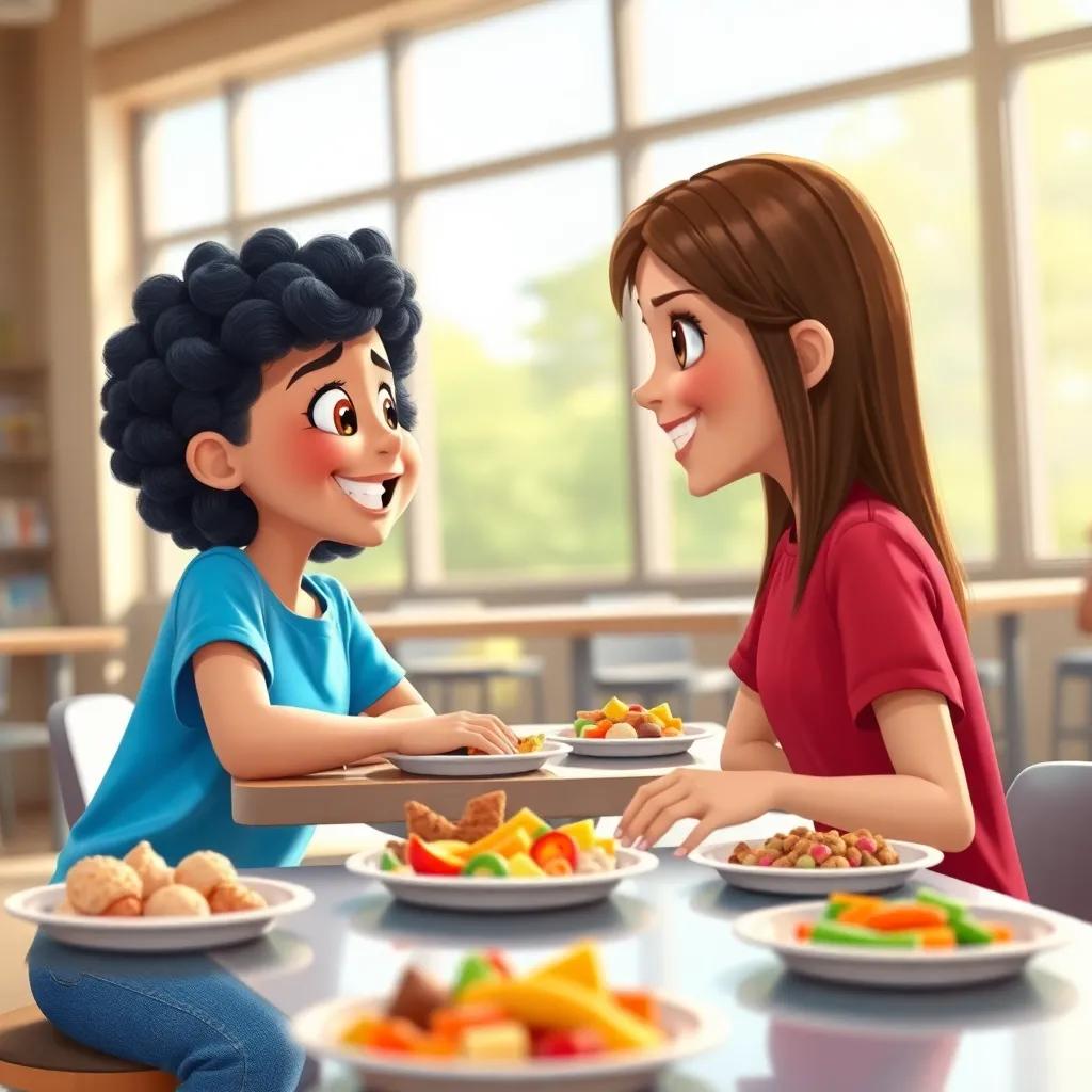 A young girl, Zeina, with curly black hair wearing a bright blue shirt and jeans, talking with her friend Nancy, a girl with straight brown hair in a red shirt, at a school lunch table, colorful food on their plates, sunlight streaming down, friendly and inviting, vibrant colors, cheerful atmosphere, high quality