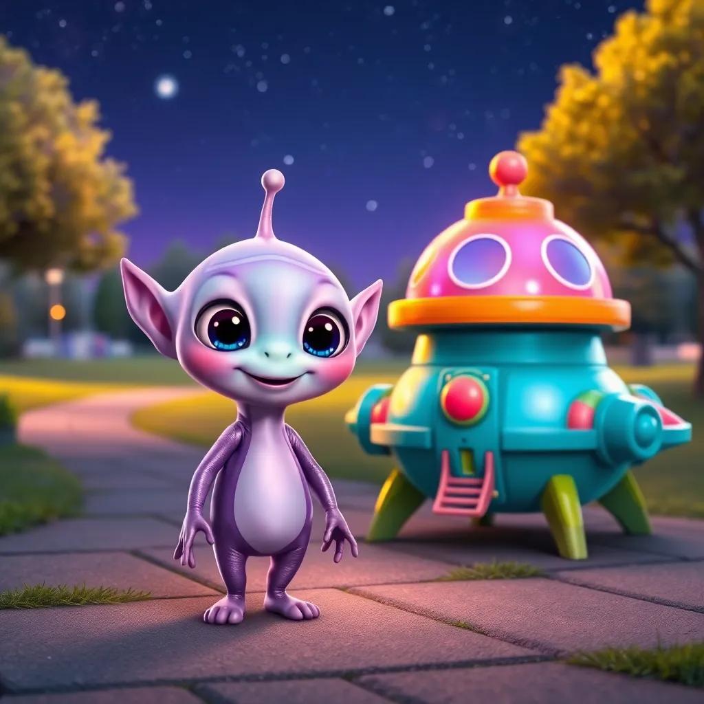 A cheerful little alien, Ziggy, with big round eyes and a shiny purple body, standing next to his colorful spaceship in a quiet park under a starry sky, digital art, vibrant colors, warm light, inviting atmosphere, high quality