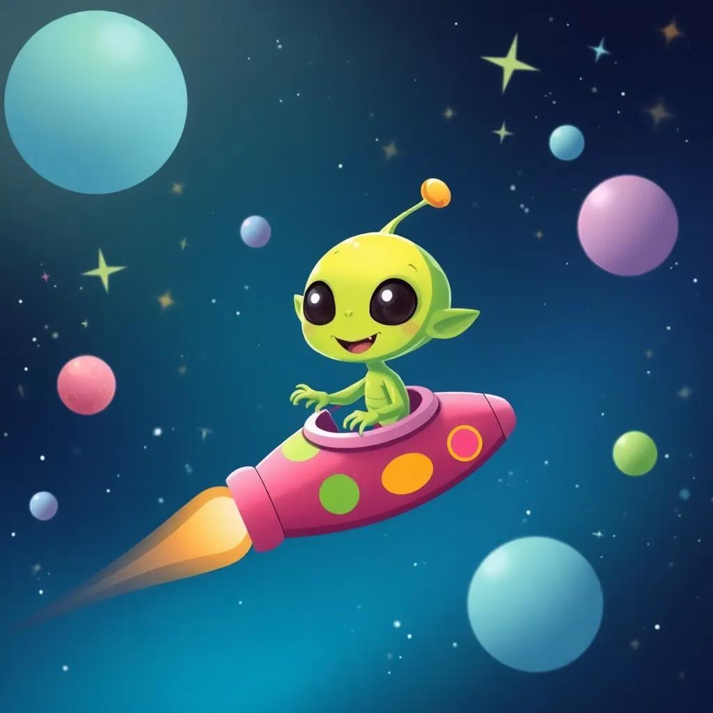 Ziggy the alien flying his colorful spaceship through the galaxy, with sparkling stars and twinkling planets surrounding him, illustration, cheerful, whimsical, child-friendly atmosphere, high quality