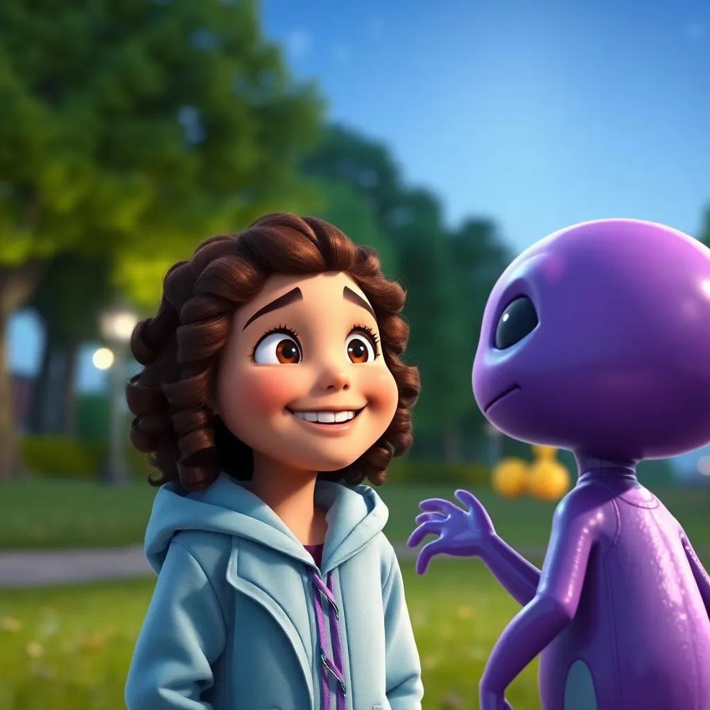 Mia, a young girl with curly brown hair and a soft blue jacket, smiles in awe as she meets Ziggy, an alien with a shiny purple body, in a park with a clear night sky, digital art, playful tone, heartwarming, high quality