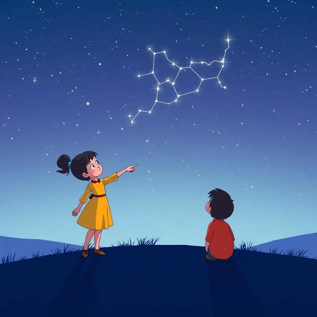 Mia pointing at the sky, showing Ziggy the constellation Orion, a clear starry night with stars shimmering above them, illustration, magical, educational atmosphere, high quality