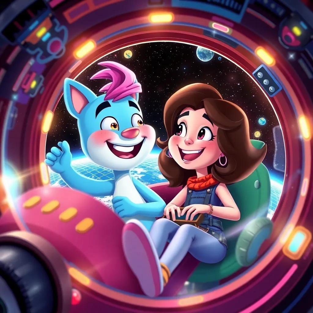 Ziggy and Mia inside a colorful spaceship filled with sparkling lights and gadgets, zooming around Earth, smiling and laughing together, whimsical digital art, bright colors, adventurous spirit, high quality