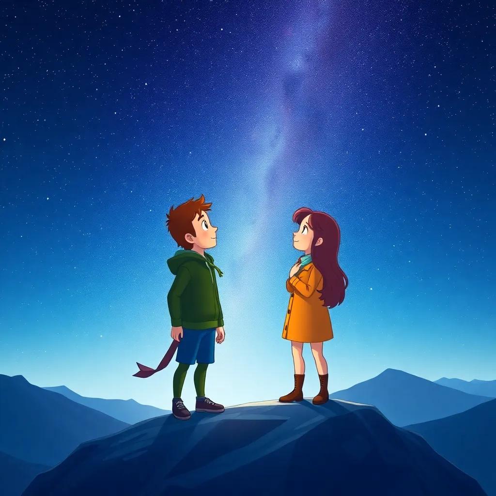 Ziggy and Mia standing on a mountain top, surrounded by a clear night sky filled with stars, making up stories about constellations, illustration, serene and inspiring, high quality