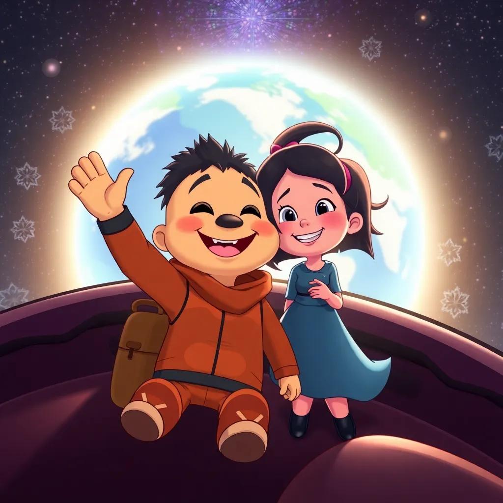 Ziggy happily waving goodbye to Mia as he prepares to leave Earth, with a starry sky behind him and warm expressions, digital art, heartfelt, vibrant colors, high quality