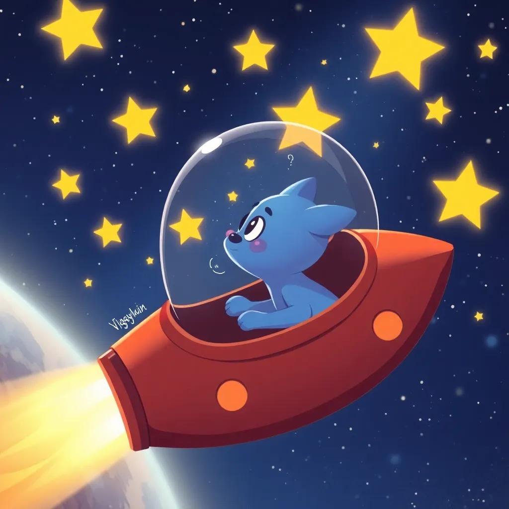 Ziggy flying back home in his spaceship, looking out at the stars with a smile, each star twinkling brightly in the universe, illustration, dreamlike, adventurous, high quality
