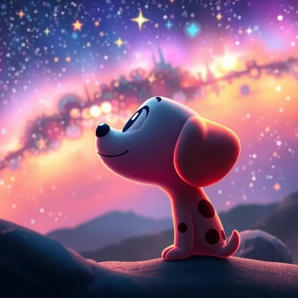 Ziggy looking at the night sky from his home planet filled with vibrant colors and sparkling stars, reflecting on friendship, digital art, emotional and uplifting, high quality