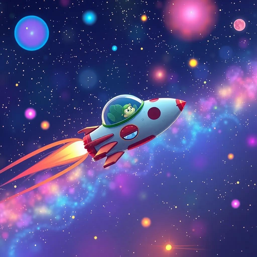 Ziggy's spaceship soaring through starry skies, surrounded by colorful galaxies and constellations, representing adventure and discovery, illustration, vibrant, colorful cosmos, high quality