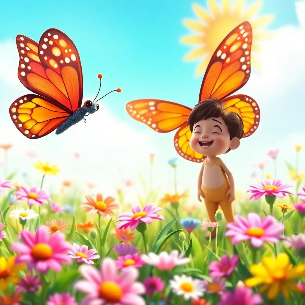 A bright butterfly named Zahia, fluttering around in a sunny meadow, Zizo watching with a hopeful smile, colorful flowers blooming all around, digital art, bright colors, joyful scene