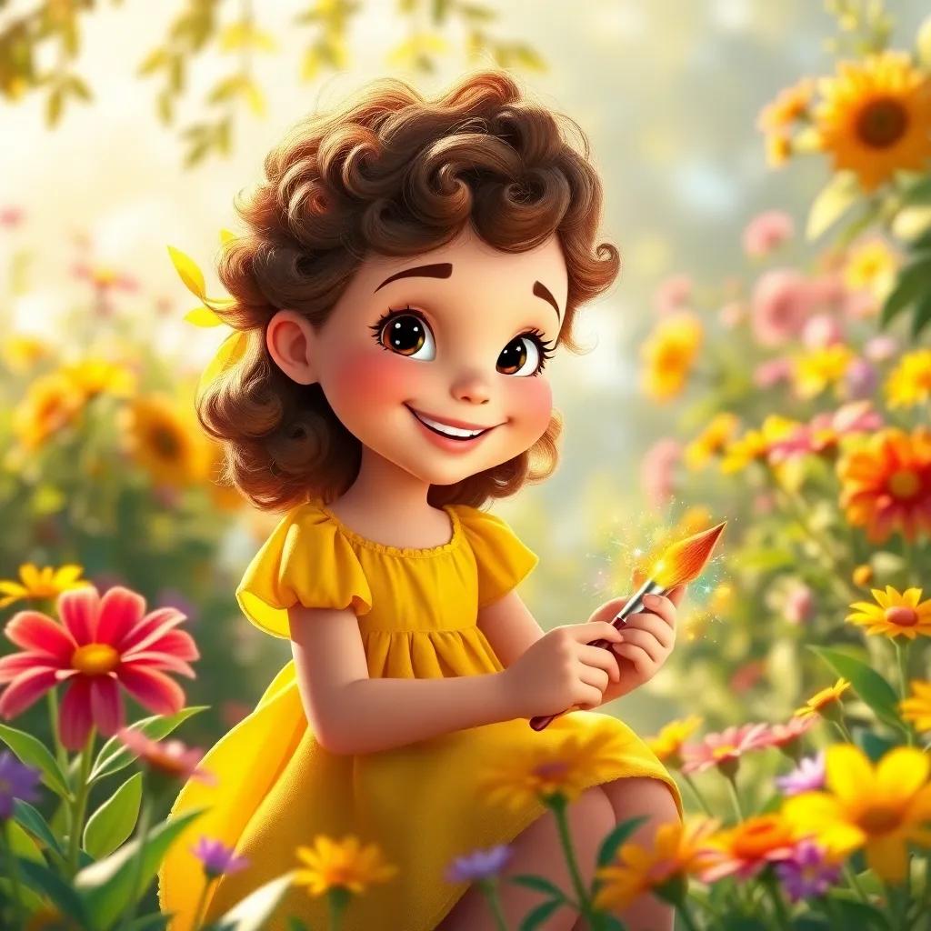 A cheerful girl, Zoe, with curly brown hair wearing a bright yellow dress in a sunlit garden, discovering a sparkling colorful paintbrush lying among the flowers, magical glow, vibrant colors, whimsical, joyful atmosphere, high quality