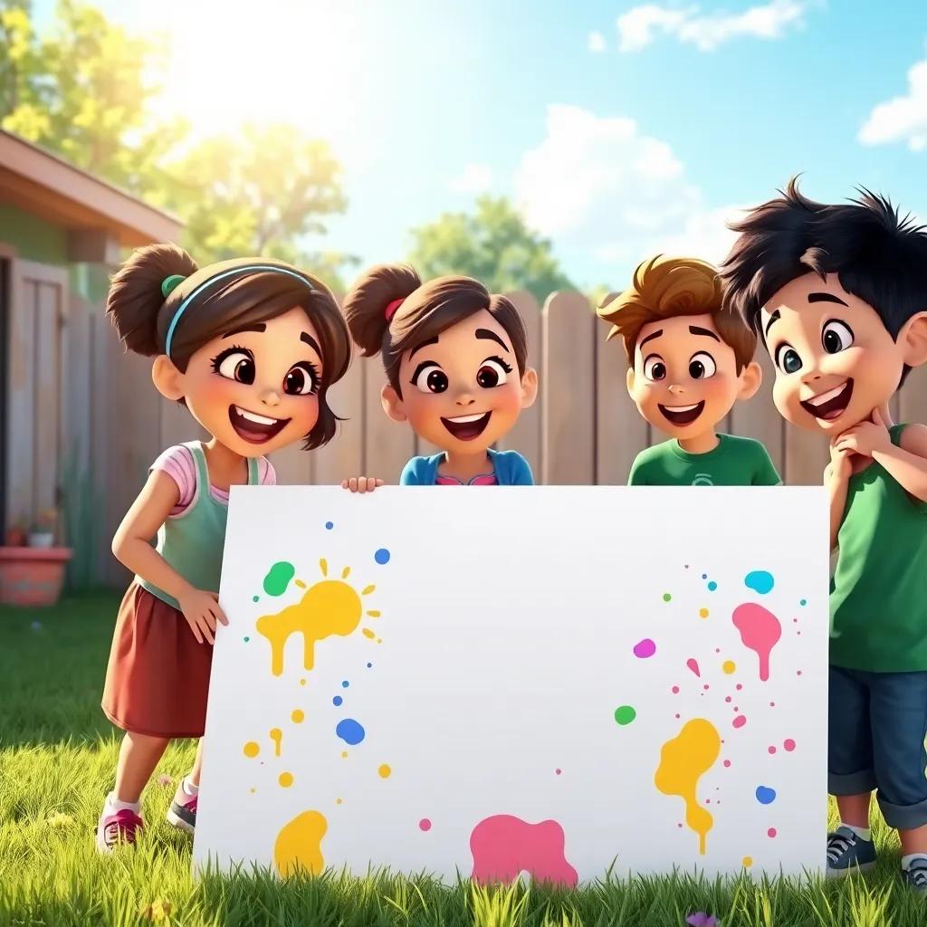 Zoe, along with her friends Mia and Leo, gathered around a large blank canvas in a backyard, excited expressions on their faces, colorful paints splattered around, bright sunlight, cheerful and creative vibe, high quality