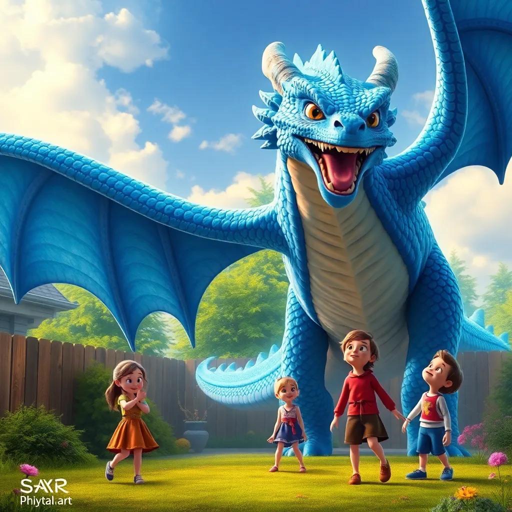 A giant blue dragon with shimmering scales leaping off the canvas into the backyard, Zoe, Mia, and Leo in awe, vivid colors, magical atmosphere, playful excitement, high quality