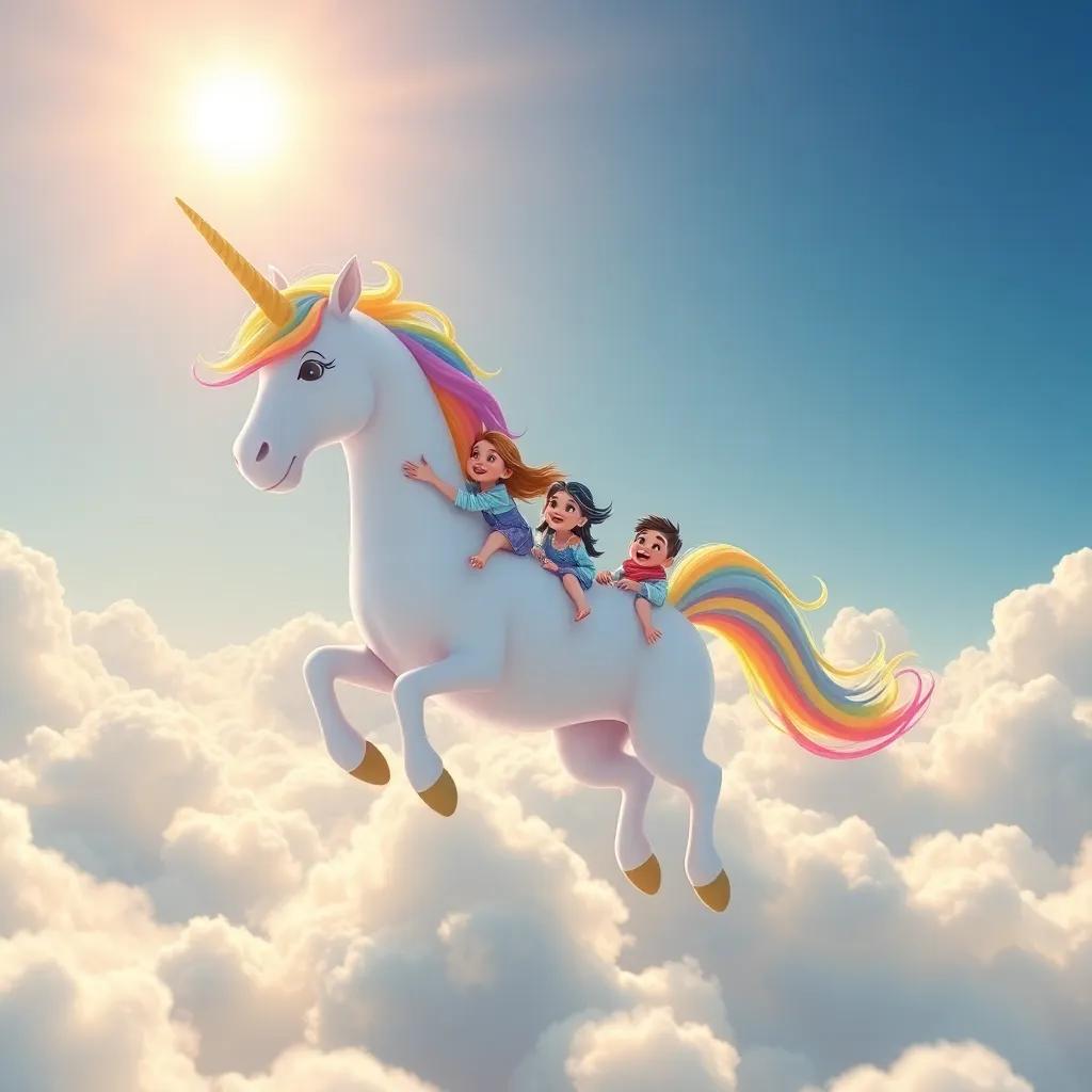 A sparkling unicorn with a flowing rainbow mane soaring through the clouds, Zoe, Mia, and Leo joyfully riding on its back, bright sunlight breaking through the clouds, whimsical, uplifting scene, high quality