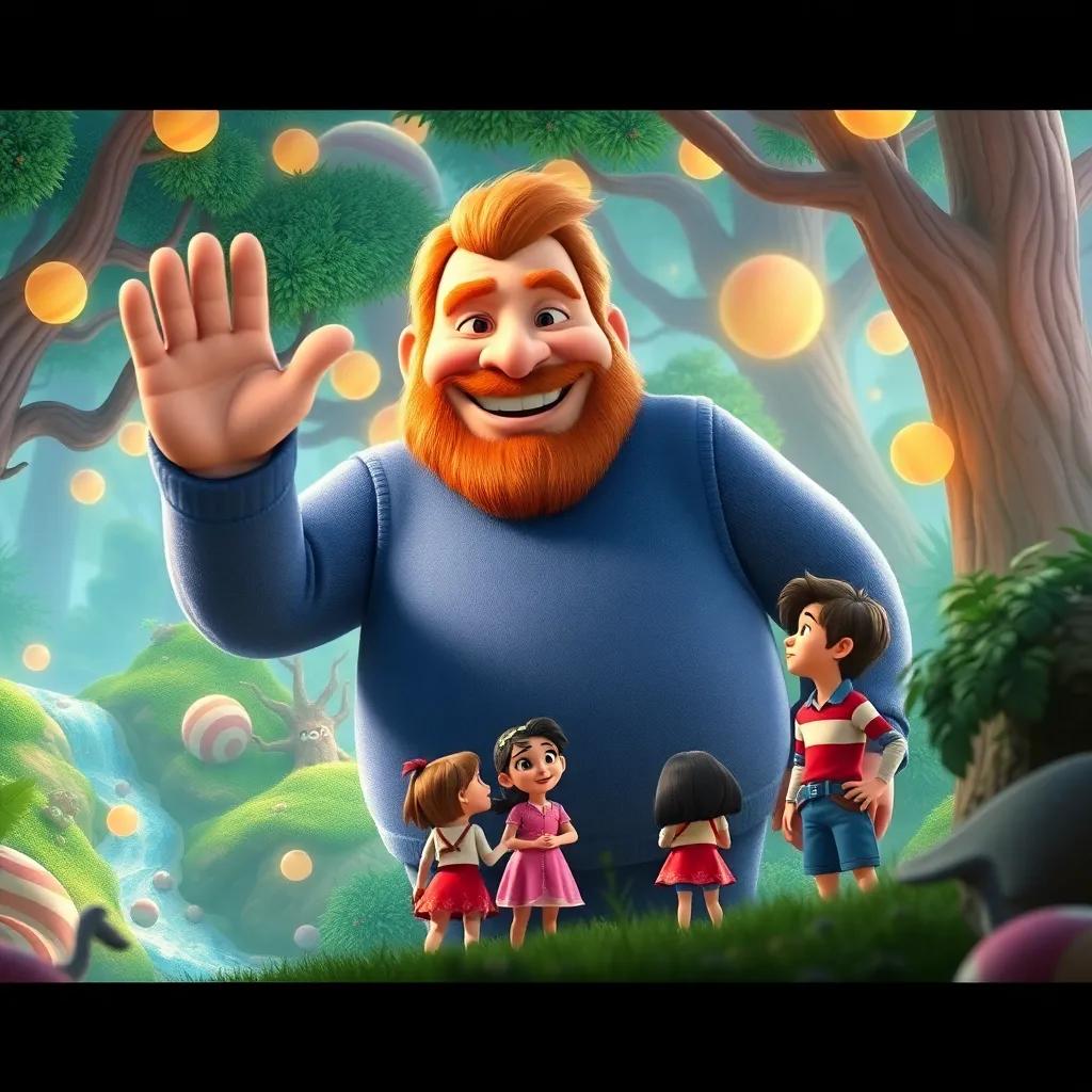 A friendly giant named George waving to Zoe, Mia, and Leo in a magical forest with candy trees and chocolate rivers, a warm and welcoming smile, colorful and fantastical elements, enchanting atmosphere, high quality