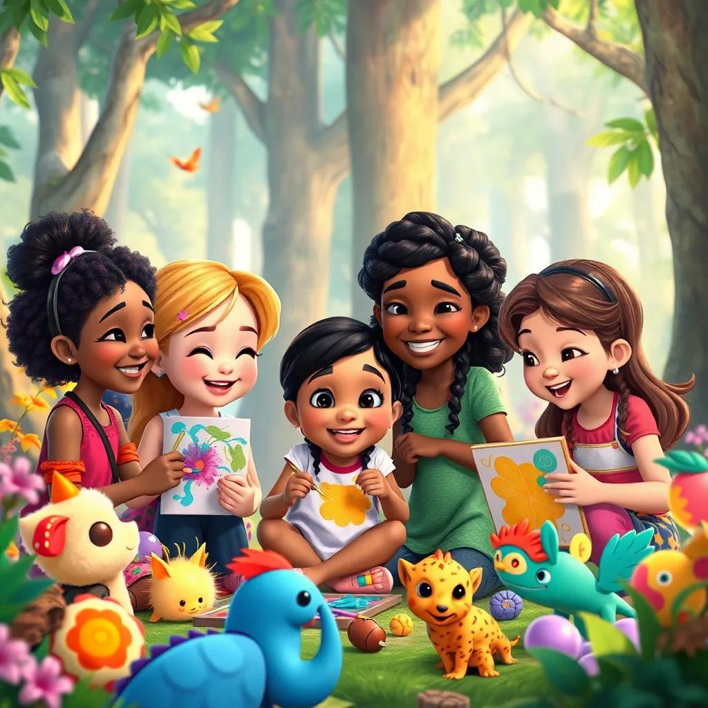 Zoe and her friends painting together in the magical forest, children of different ethnicities smiling and laughing, surrounded by colorful creatures, unity through creativity, vibrant colors, joyful and heartfelt scene, high quality