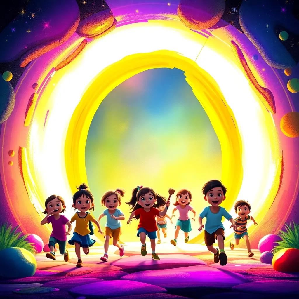 A portal created by Zoe's brush, glowing and inviting, with children excitedly rushing through, eager faces, excitement, colorful and magical environment, high quality