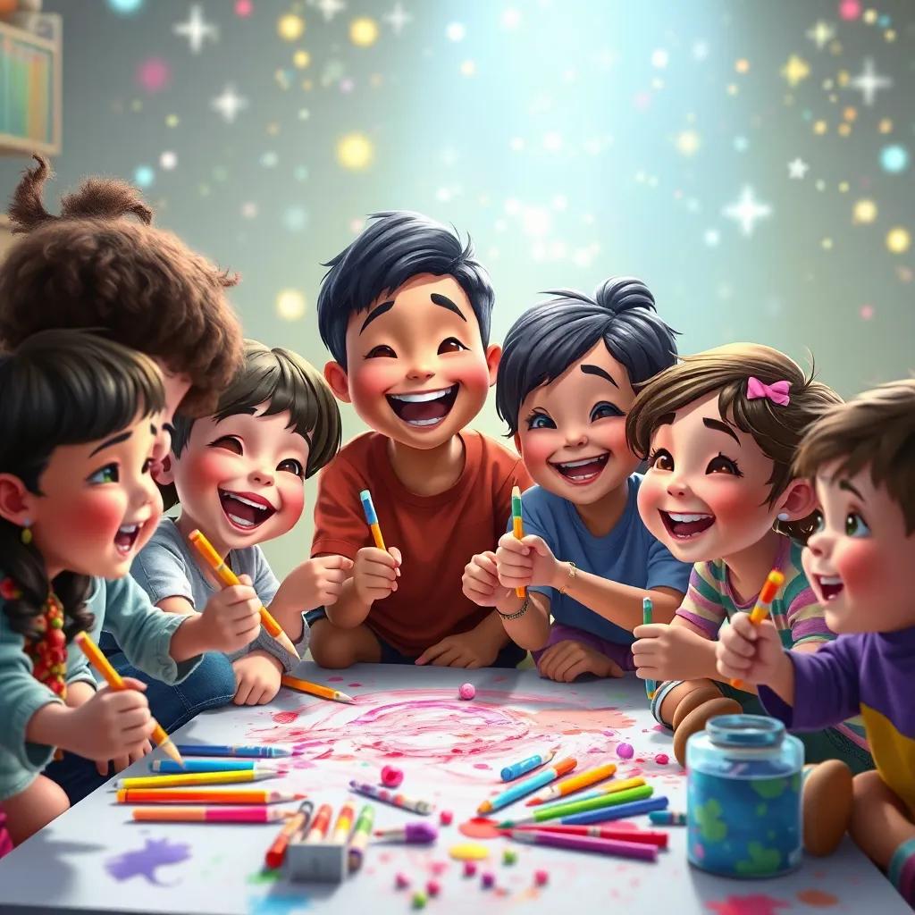 Children of different backgrounds and ethnicities painting together joyfully in a sparkling environment, filled with imagination and laughter, vibrant colors, uplifting and creative atmosphere, high quality