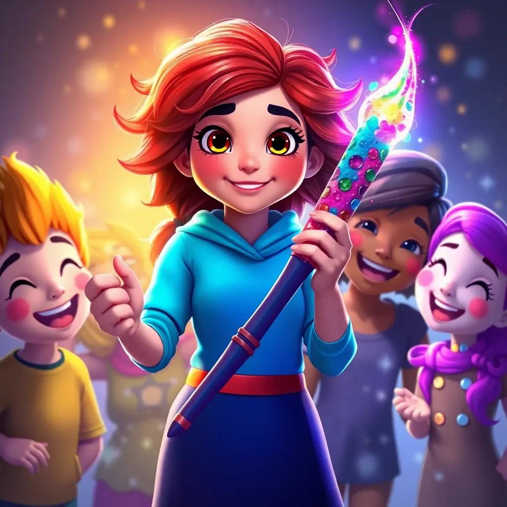 Zoe holding her colorful paintbrush, surrounded by her friends, celebrating creativity and friendship, glowing magical elements around them, joyous and memorable moment, high quality