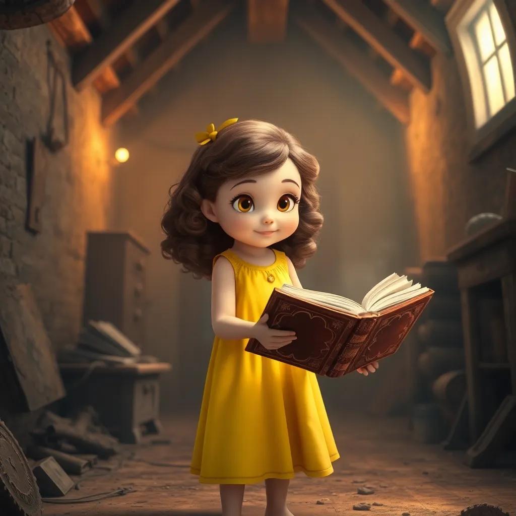 A young girl, Zoe, with curly brown hair wearing a bright yellow dress, standing in a dusty attic, discovering an ancient book with a shiny golden cover, warm light, inviting atmosphere, high quality