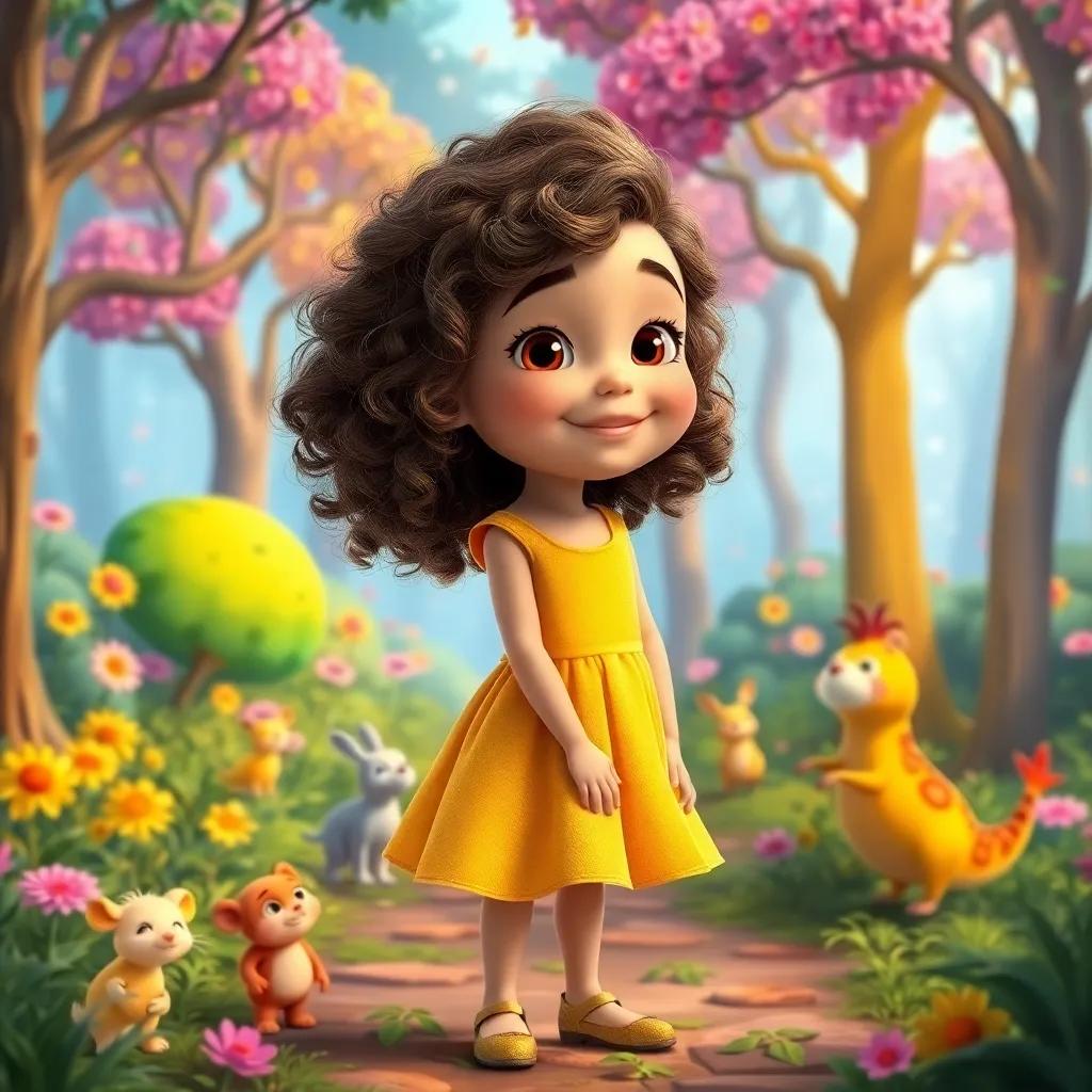 Zoe, a young girl with curly brown hair in a bright yellow dress, standing in a magical forest filled with colorful trees and talking animals, bright and cheerful colors, whimsical setting, vibrant details, high quality