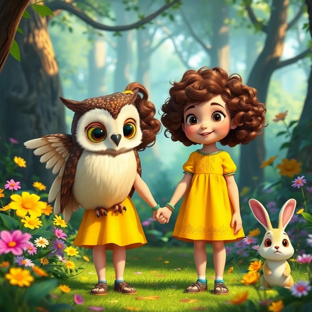 Zoe, a young girl with curly brown hair in a bright yellow dress, holding hands with a wise owl named Oliver, surrounded by colorful flowers and a little rabbit, bright and lively forest, cheerful mood, enchanting scene, high quality