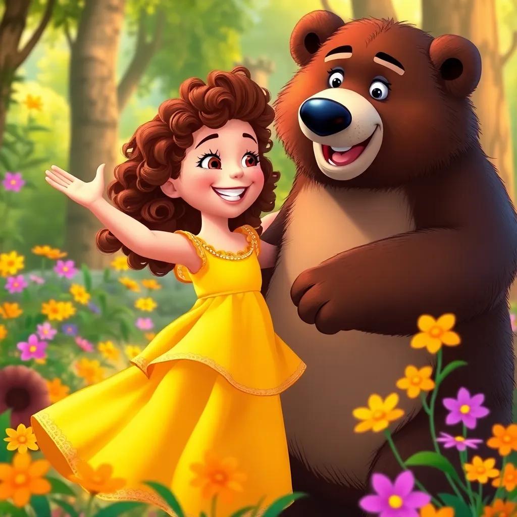 Zoe, a young girl with curly brown hair in a bright yellow dress, happily dancing with a friendly bear named Benny, surrounded by a forest of colorful flowers, joyful expressions, vibrant colors, cheerful atmosphere, high quality