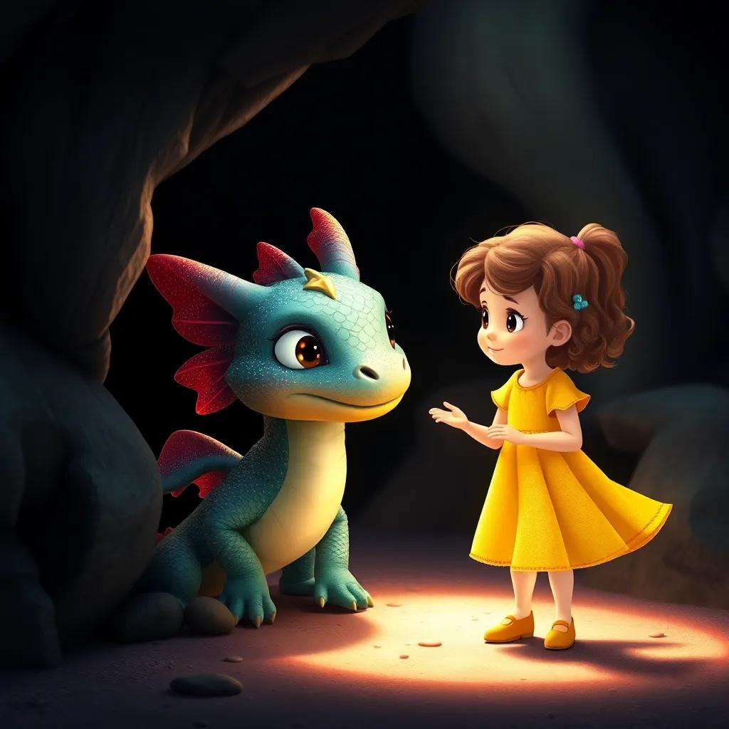 A shy dragon named Daisy, with sparkling scales, peeking out from a deep dark cave, while Zoe, a young girl with curly brown hair in a bright yellow dress, encourages her in the warm light, magical and heartwarming scene, high quality