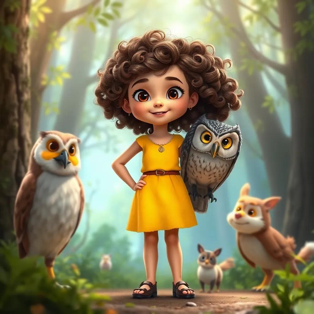 Zoe, a young girl with curly brown hair in a bright yellow dress, standing with Oliver the owl, looking proud and brave, surrounded by her animal friends in the magical forest, uplifting and joyful mood, high quality