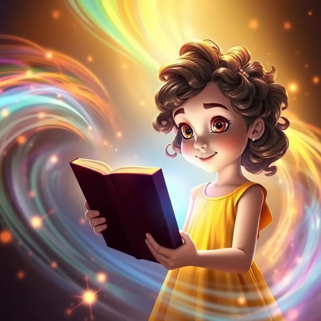 Zoe, a young girl with curly brown hair in a bright yellow dress, surrounded by swirls of colors as she opens the book to return home, magical light and warm colors, enchanting atmosphere, high quality