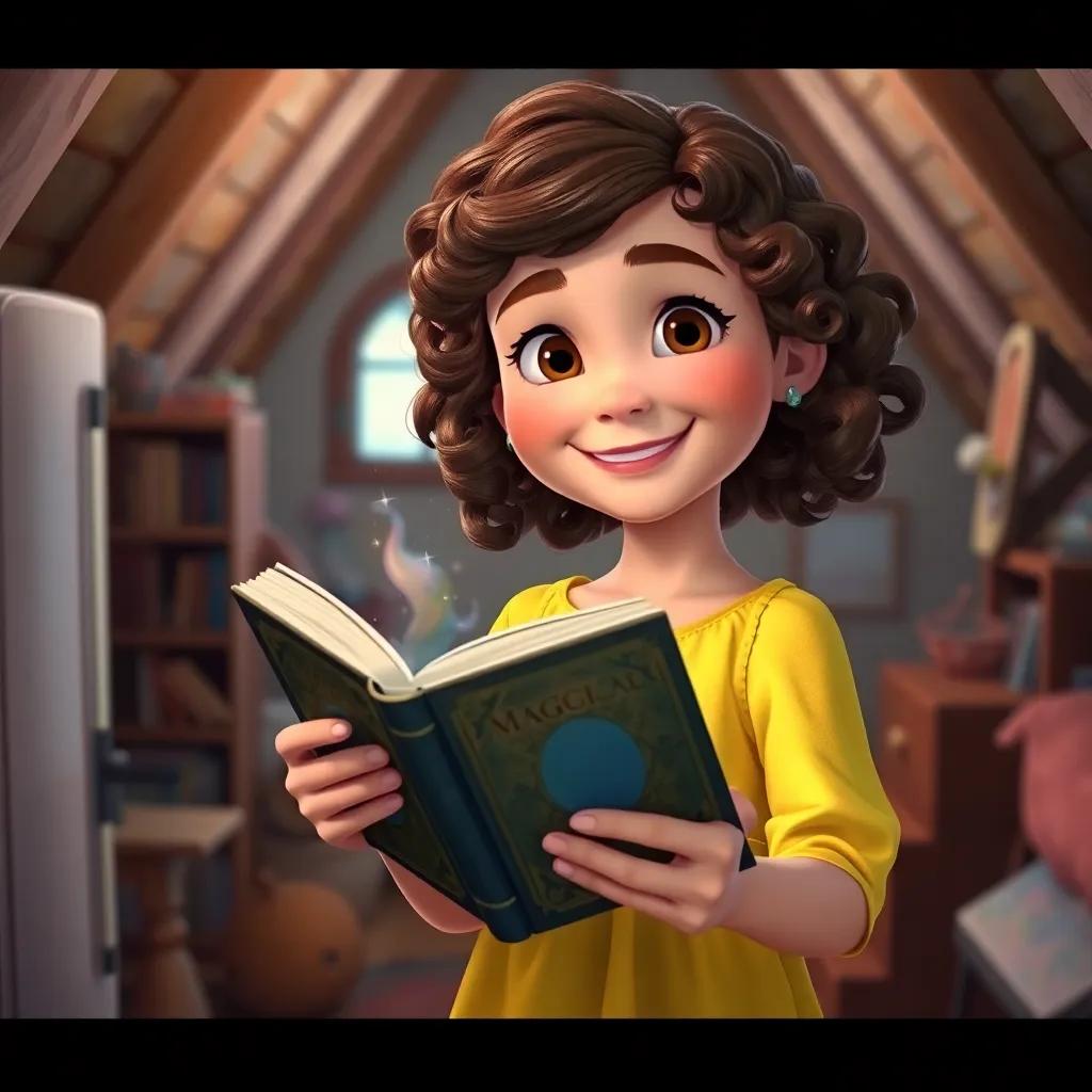 Zoe, a young girl with curly brown hair in a bright yellow dress, holding the magical book tightly in her attic, smiling with excitement for future adventures, cozy and inviting setting, warm tones, high quality
