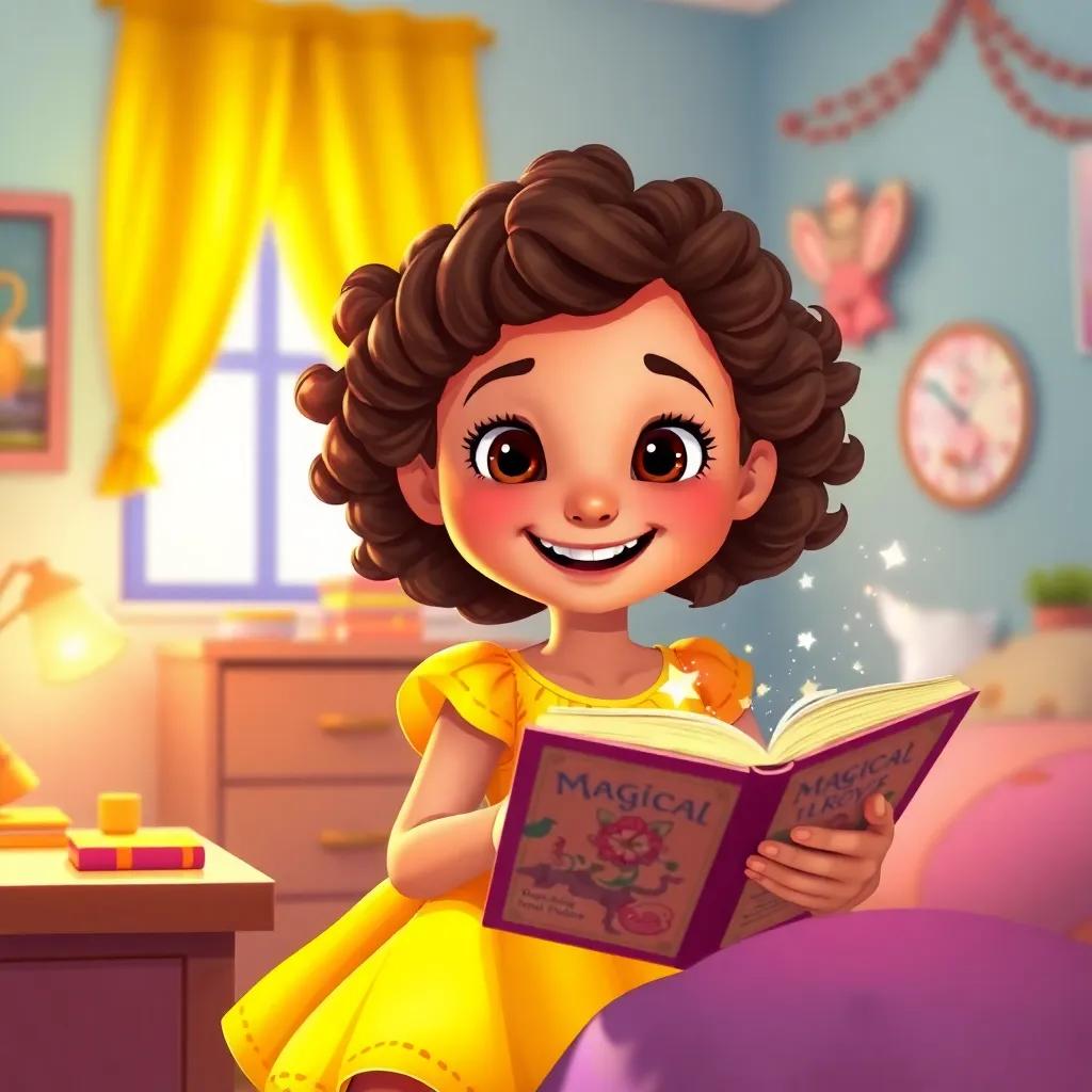 Zoe, a young girl with curly brown hair in a bright yellow dress, sitting at her bedroom desk, looking at the magical book with a big smile, excited for her next adventure, bright and cheerful room, warm light, high quality