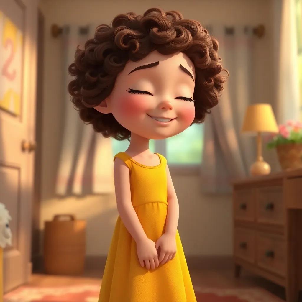 Zoe, a young girl with curly brown hair in a bright yellow dress, standing in her room with closed eyes and a smile, thinking of her friends in the magical forest, beautiful soft light, heartwarming vibe, high quality