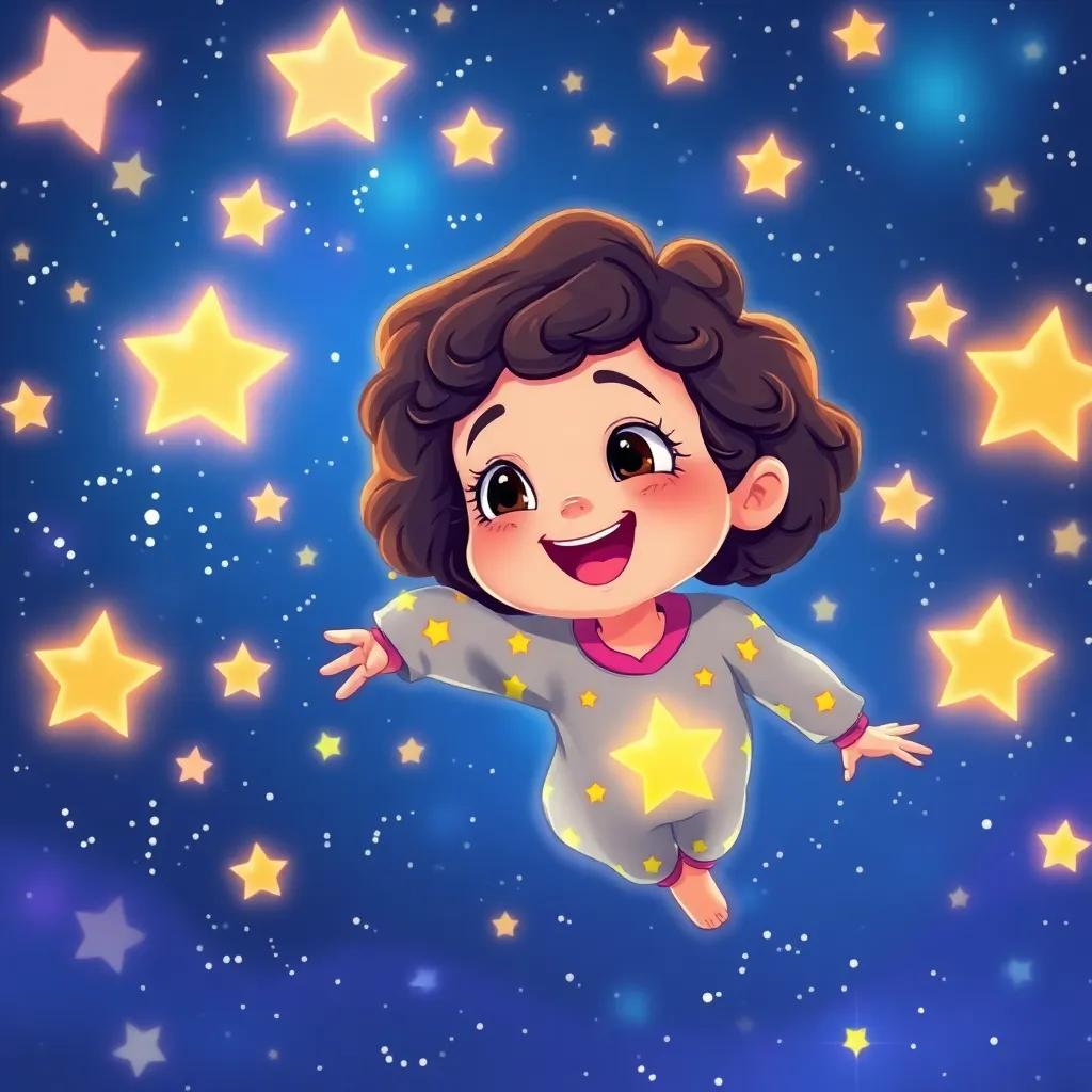 Zoe, a young girl with short curly hair in star pajamas, floating in a magical night sky, surrounded by twinkling stars that beam with colors, joyful expression, whimsical scene, vibrant colors, high quality