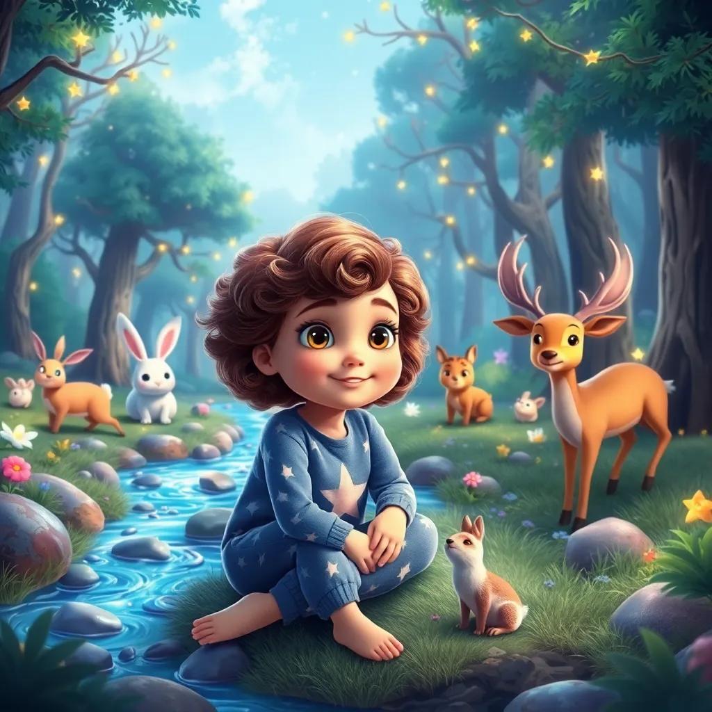Zoe, a young girl with curly hair in star pajamas, playing with cheerful animals like bunnies and deer, in a magical forest with singing trees and sparkling rivers, bright colors, enchanting atmosphere, high quality