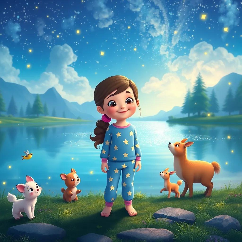 A magical landscape with Zoe, a young girl in star pajamas, standing by a sparkling lake, as playful animals hop around her and fireflies dance in the air, vivid colors, joyful scene, high quality