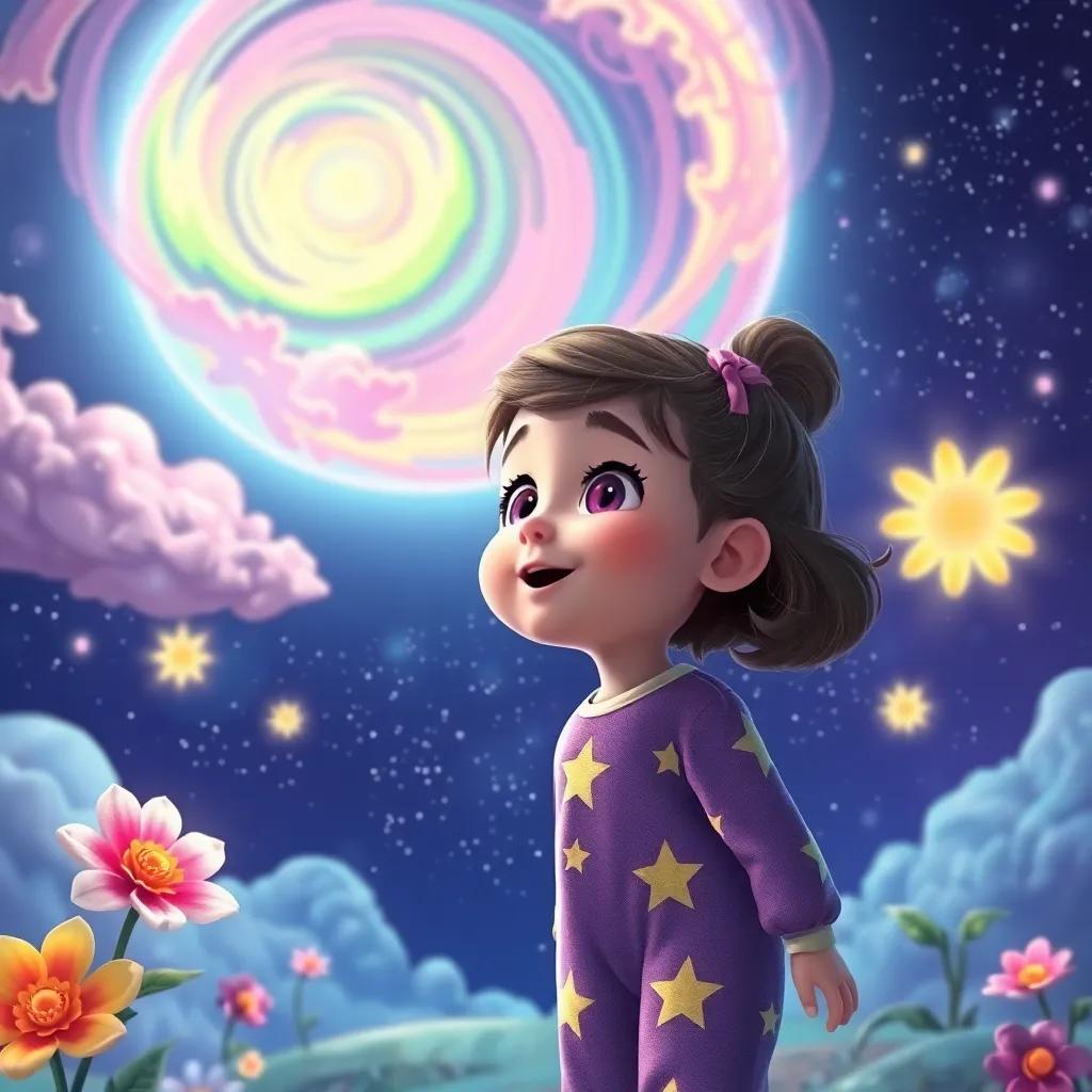 Zoe, a young girl in star pajamas, visiting a colorful planet with swirling clouds and sparkling flowers that sing, amazed expression, vibrant and colorful, high quality