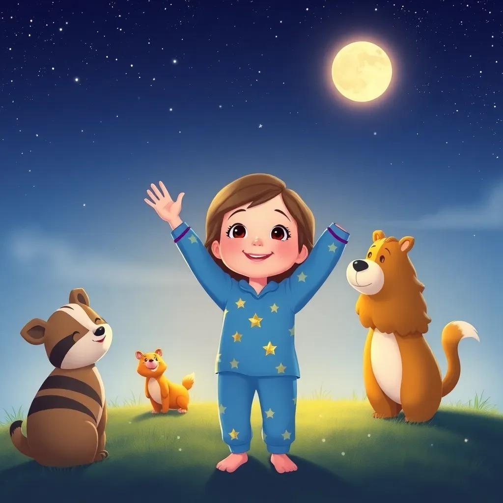 Zoe, a young girl in star pajamas, waving goodbye to her animal friends under a starry sky, with the glowing moon in the background, heartfelt scene, warm colors, high quality
