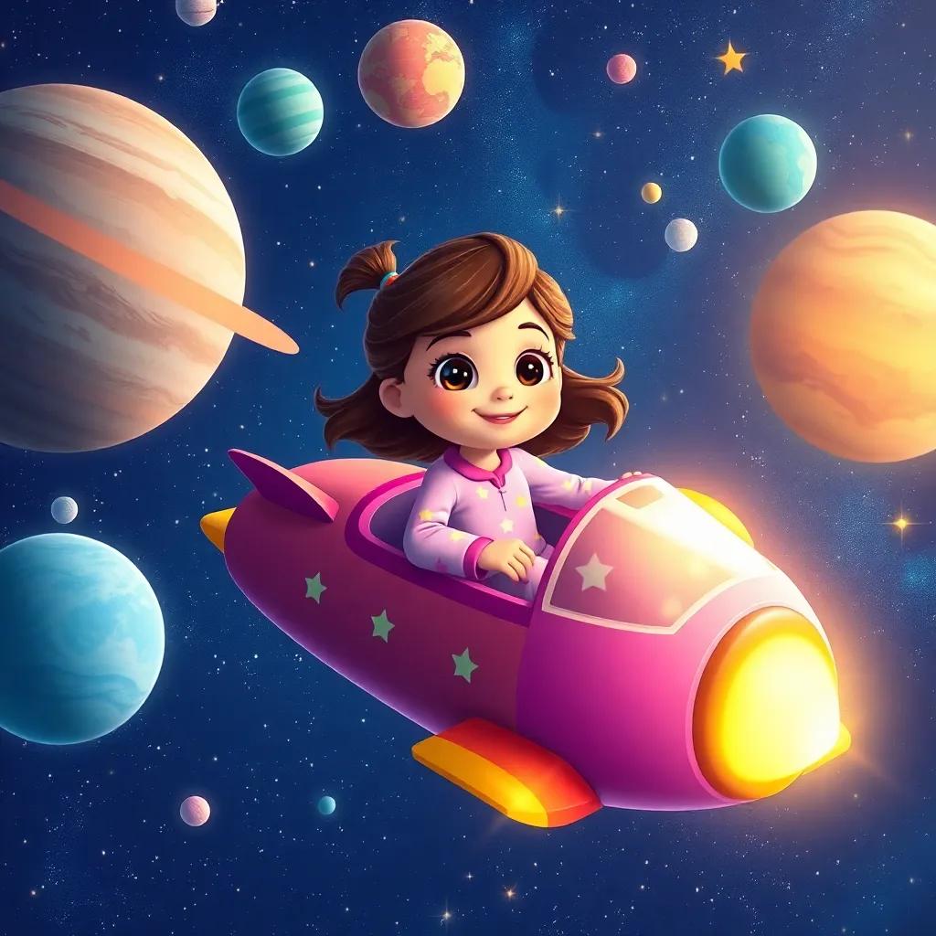 Zoe, a young girl in star pajamas, floating on a colorful starship through the universe, surrounded by planets and sparkling stars, adventurous atmosphere, bright colors, high quality