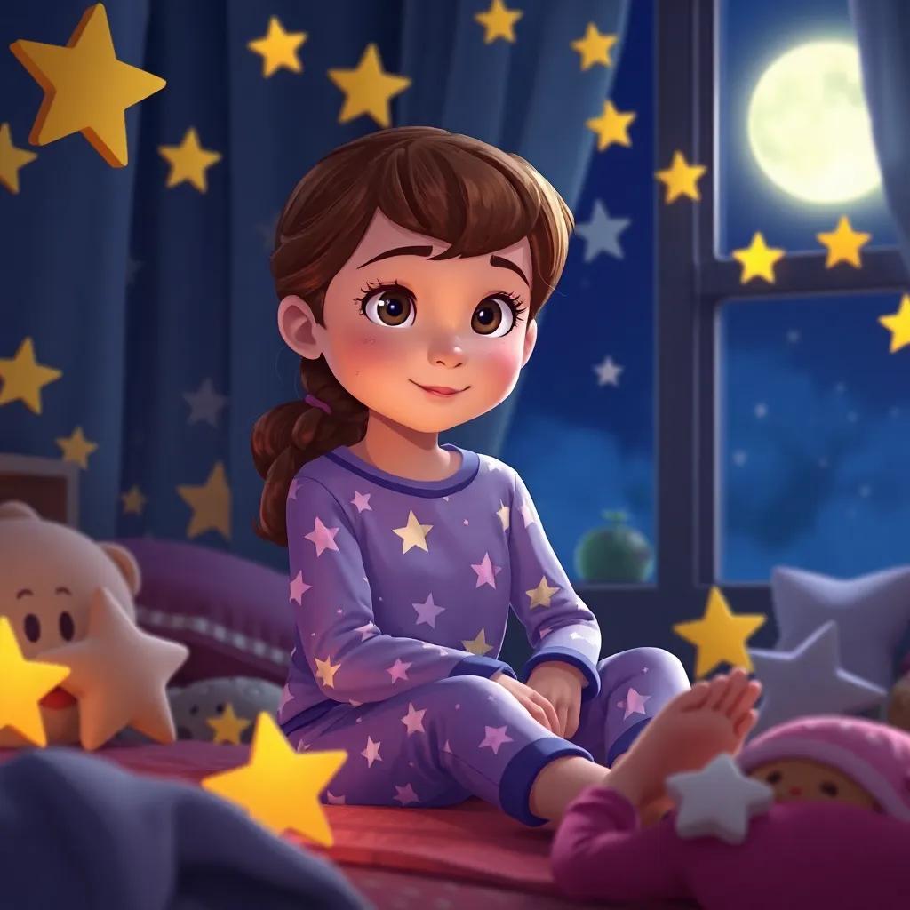 Zoe, a young girl in star pajamas, sitting in her room filled with star decorations, with a soft glow of the moonlight coming through her window, reflecting on her adventures, cozy scene, high quality