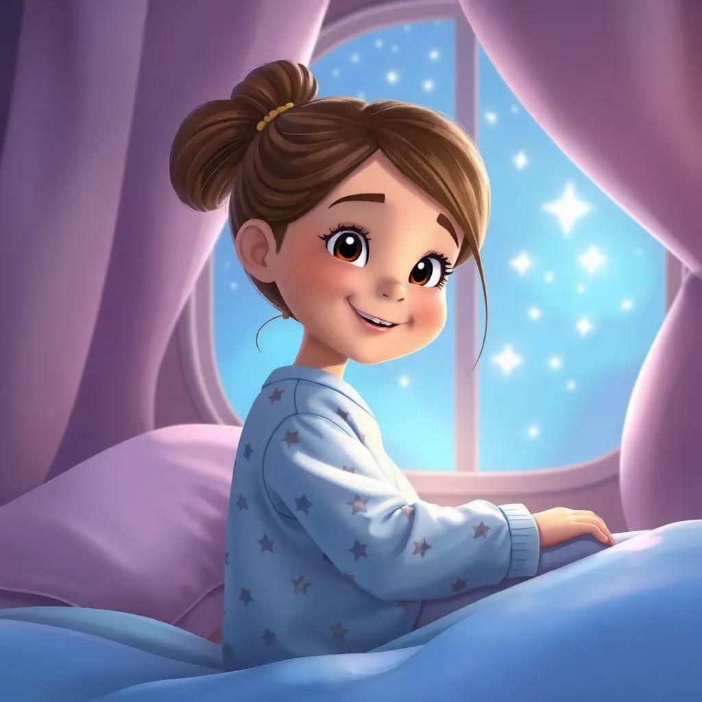 Zoe, a young girl in star pajamas, back in bed, dreaming with a smile on her face, twinkling stars visible from her window, peaceful atmosphere, soft colors, high quality