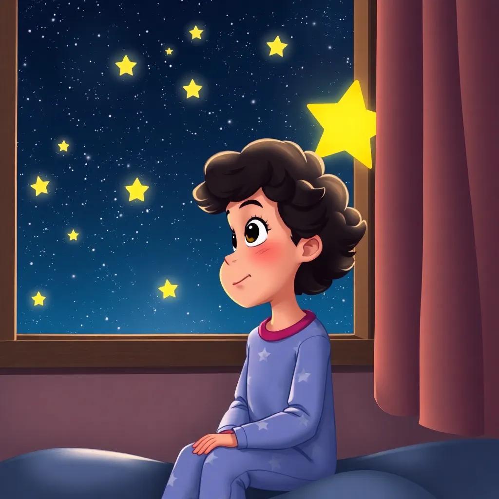 Zoe, a young girl with short curly hair in star pajamas, talking to twinkling stars outside her window, background filled with a starry night sky, hopeful expression, glowing stars, high quality
