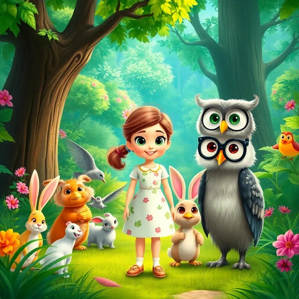 Zoe standing in a lush green forest, surrounded by friendly animals like rabbits, birds, and a wise old owl with glasses, vibrant colors, enchanting scenery, digital illustration, cheerful, magical