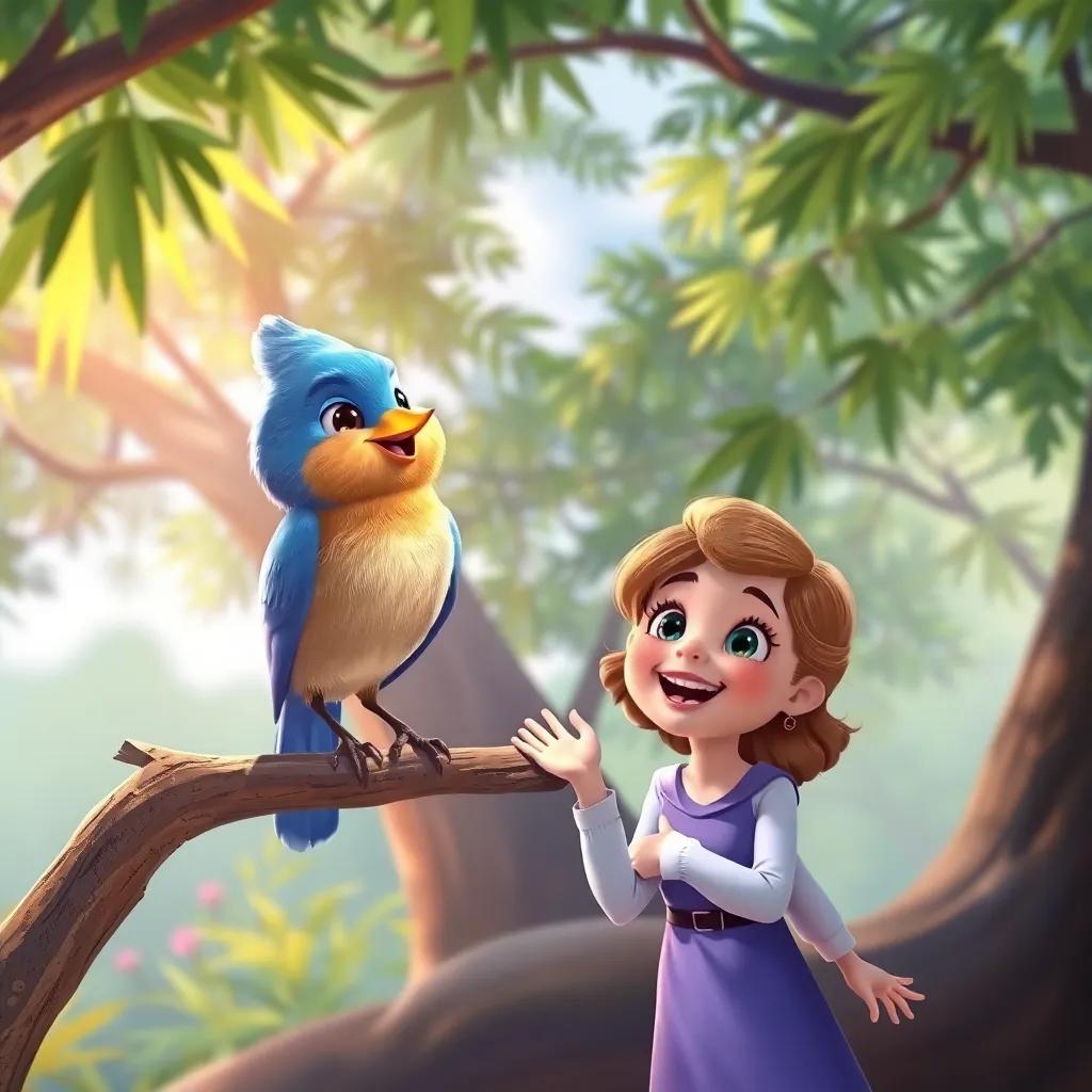 A bright bluebird welcoming Zoe, perched on a branch, with Zoe looking excited and animated under the swaying trees, colorful, inviting atmosphere, vivid, child-friendly art