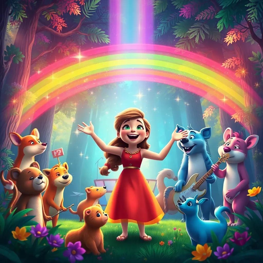 Zoe leading the animal orchestra with joy, the forest transforming with vibrant colors and sparkling lights, a rainbow appearing above them, jubilant mood, colorful and lively art