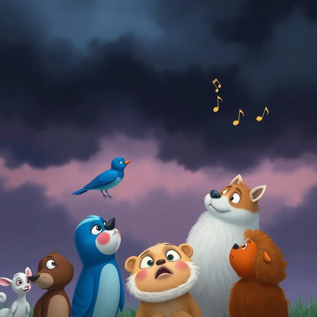 Dark clouds hovering above as the animals look worried, the bluebird encouraging Zoe, with musical notes in the air, dramatic, changing atmosphere, digital painting, emotional