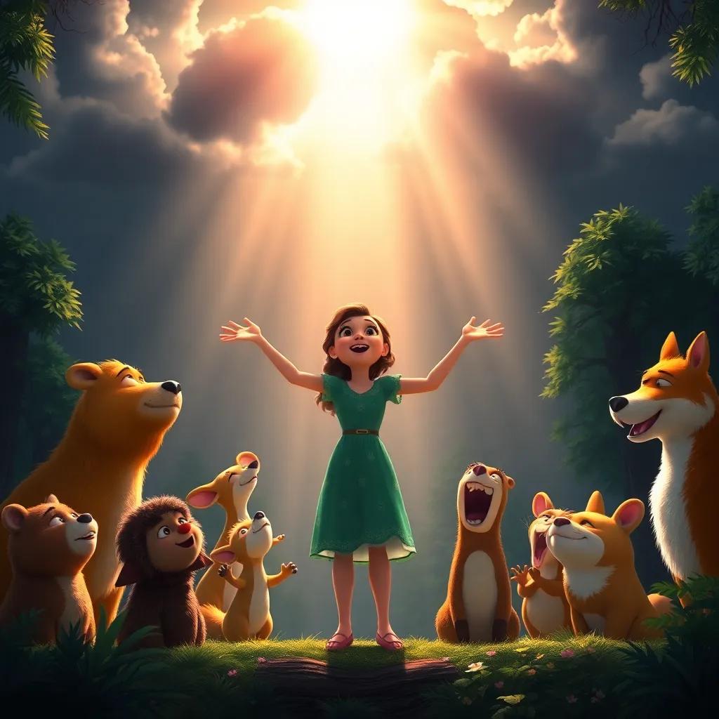 Zoe leading the performance with her animal friends, singing joyfully, bright sunlight breaking through the dark clouds, a stunning forest stage, uplifting, inspiring, detailed, art