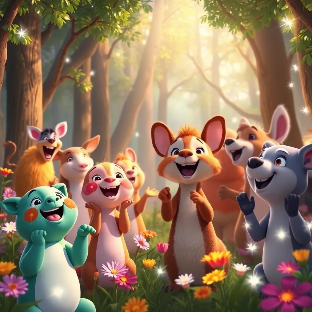 Animals cheering in the forest as Zoe finishes their symphony, joy on their faces, colorful flowers and sparkling lights around, celebratory mood, uplifting art, whimsical